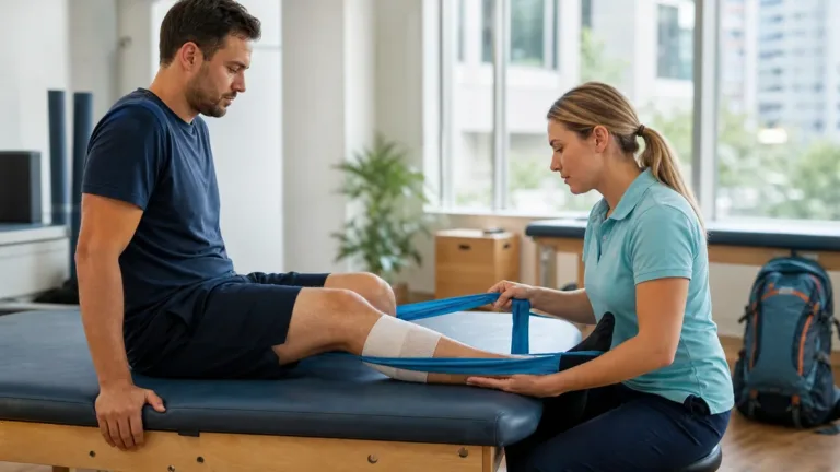 Traveler completing a supervised leg exercise with a physical therapist in a modern clinic abroad