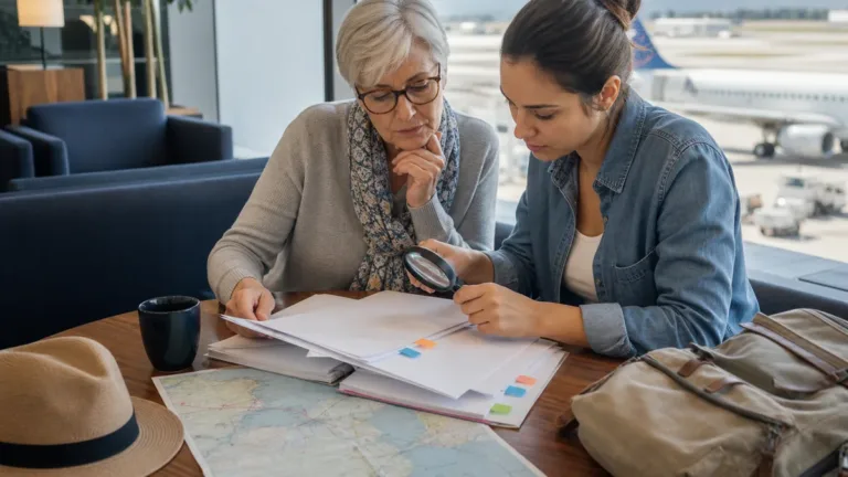 Travelers comparing medical coverage limits on unmarked policy documents