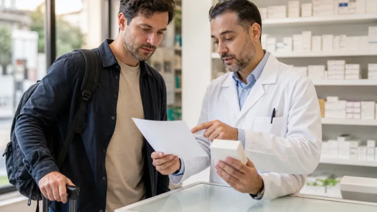 Traveler and pharmacist reviewing an unbranded prescription and medicine package at an overseas pharmacy
