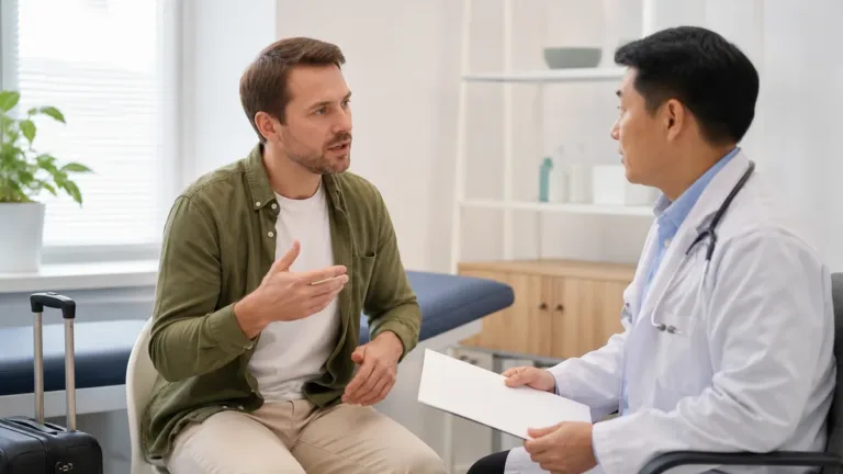 Traveler explaining new symptoms to a doctor in a bright international outpatient clinic