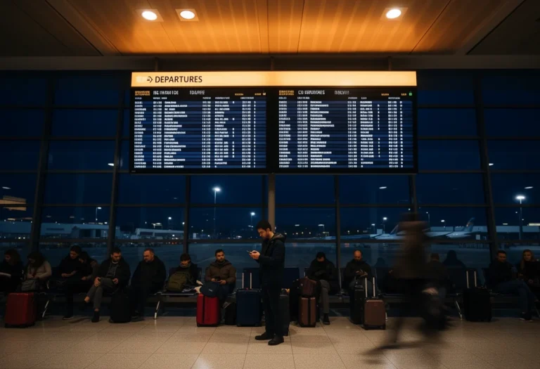 Travelers waiting with luggage in an airport terminal hall at night beneath a departures board