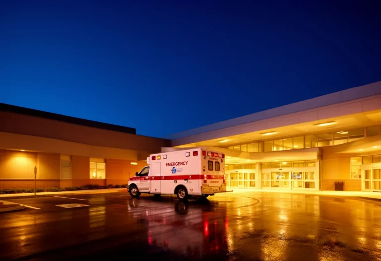 Ambulance parked outside a hospital emergency entrance at dusk, warm interior light spilling across the empty bay