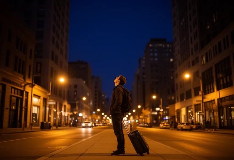 A traveller with a suitcase on a wide American city sidewalk at blue hour, warm storefront light, tall buildings behind.