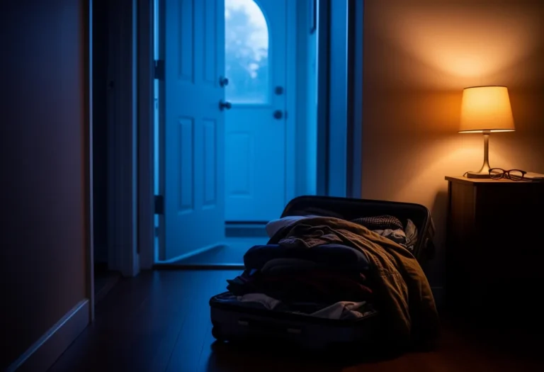 Packed suitcase and jacket waiting by a partly open front door in a quiet hallway at dawn