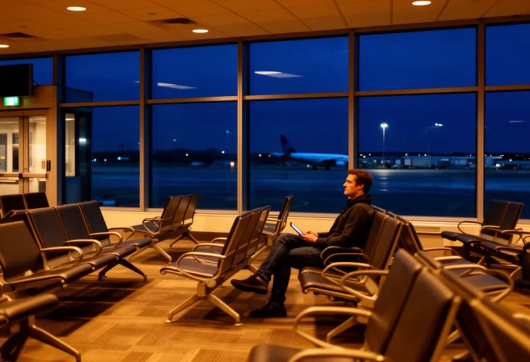 A single passenger waiting at an empty night-time departure gate with no aircraft parked at the stand outside.