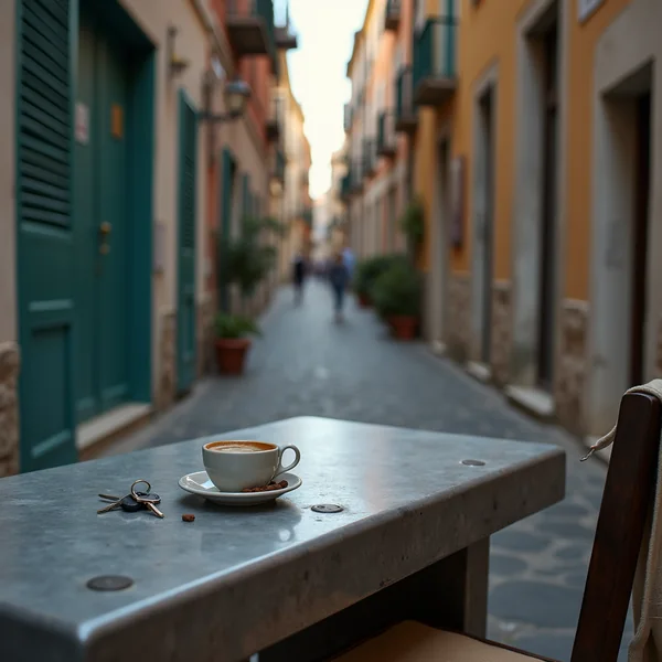 An empty espresso cup and keys on a worn cafe counter in a narrow street at dusk