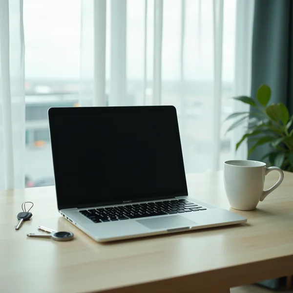 A laptop and coffee cup on a kitchen table, representing a booking checkout decision