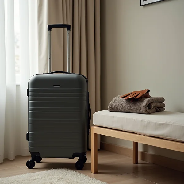 A closed hard-shell suitcase and folded clothing on a pale wooden bench in morning light