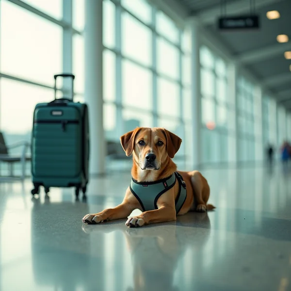 A service dog resting quietly beside a suitcase in a bright, empty airport terminal