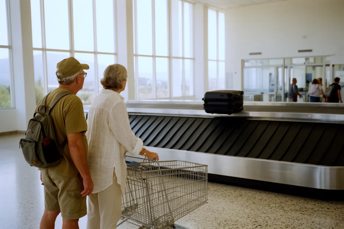 An older couple waits beside an almost empty baggage carousel in a small island airport