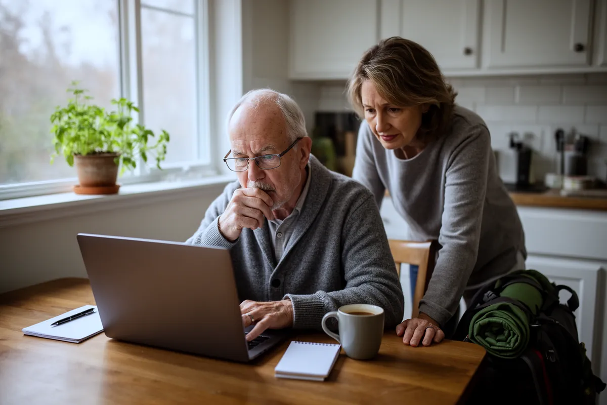 An older couple at a kitchen table reading carefully on a laptop before a trip